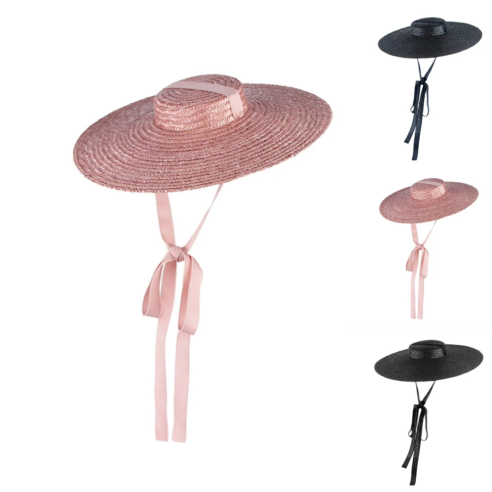 Summer Big Natural Straw Hats For Women  Wide Brim Boater cap Beach Visor Caps Elegant Long Ribbon Lace-Up Sun Hat