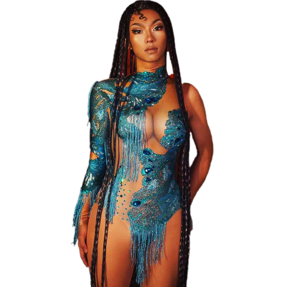 Blue And Yellow One Sleeve Shining Rhinestones Women Bodysuits Tassel Sexy Nude Perspective Nightclub DJ Wear Stage Costumes