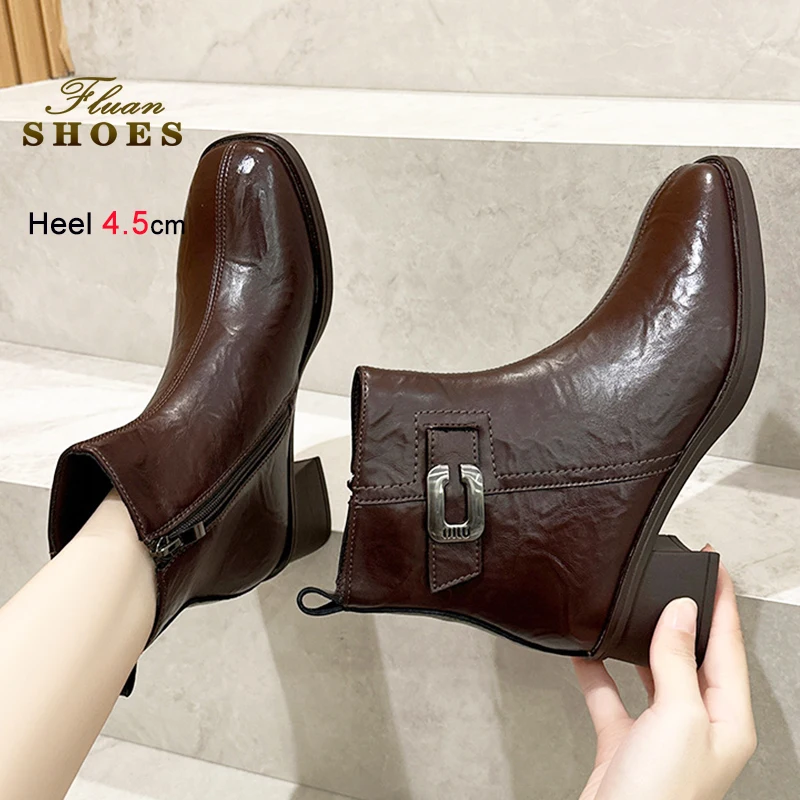 

4.5CM Chunky Heels Women New Cow leather Booties Autumn Winter Daily Short Boots Square Toe Coarse Heel Versatile Female Shoes