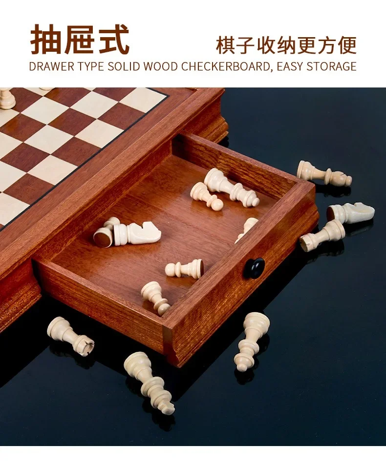 High Quality Wooden Classic drawer Metal Chess Pieces Chess Set Folding Board games For Men Adult With Queens