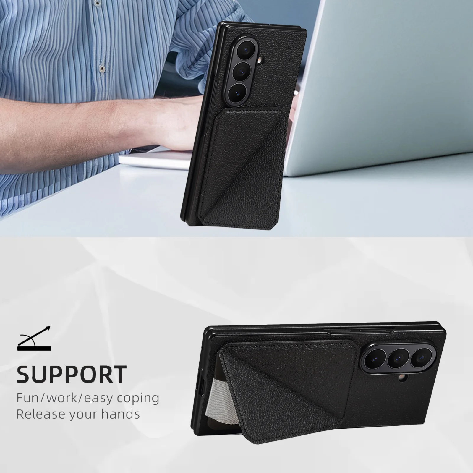 

Leather Phone Case for Samsung Galaxy Z Fold 7 Fold6 5 Invisible Card Holder Frosted Black TPU Frame+PC Cowhide Pattern Cover