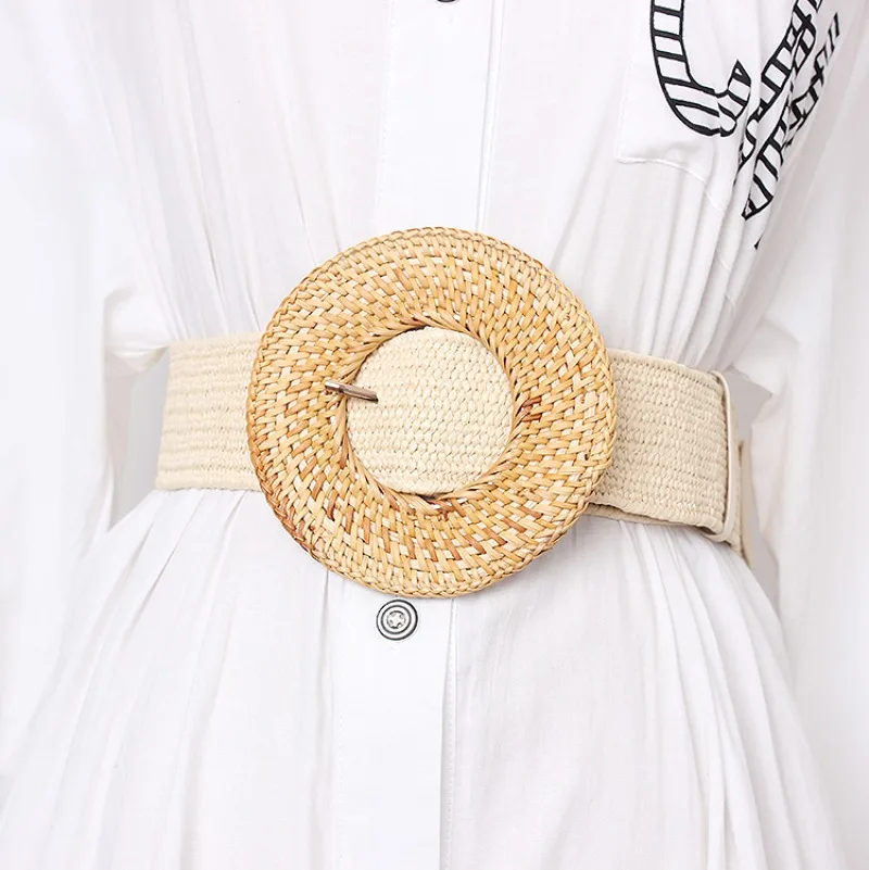 Designer Woven Girls Elastic PP Straw Rope Belt Women Casual Wooden Buckle Dress Belt Women Braided Wide Shoulder Straps Women