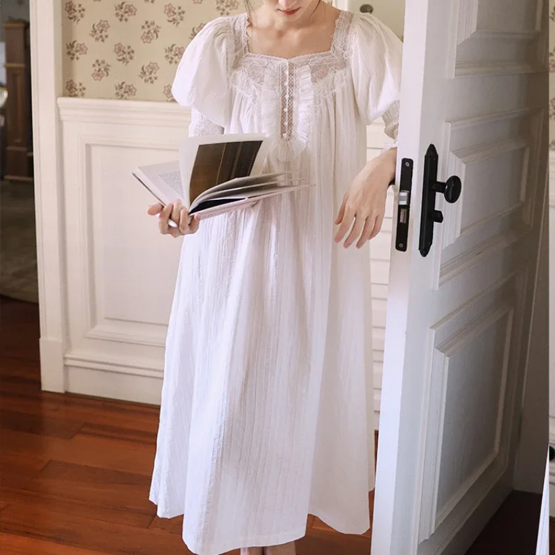 

Romantic Pure Cotton Nightgown Princess Spring Summer Cute White Blue Sleepwear Vintage Women Lace Square Collar Long Nightdress