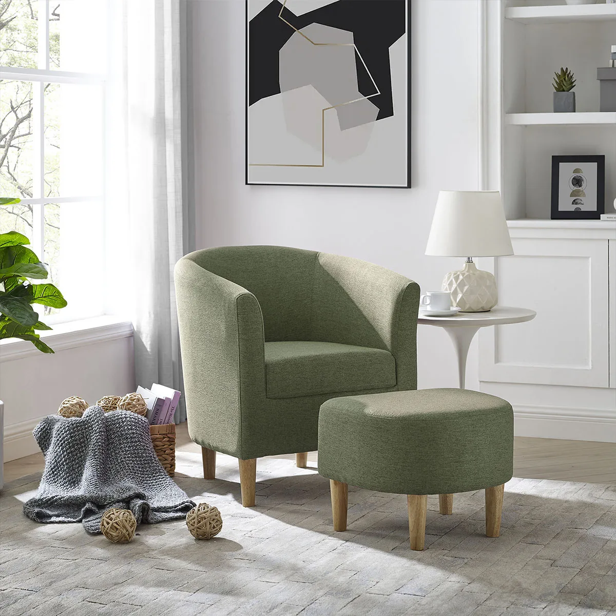 Green Tub Chair With Ottoman Comfy Accent Arm Chair Soft Padded Fabric Armchair Single Sofa Chairs Bedroom Living Room Lounge