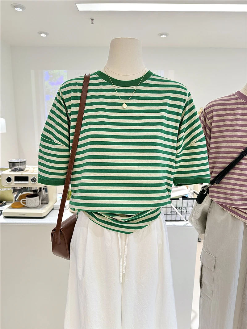 High Quality Pure Cotton Contrasting Striped T-shirt 2024 New Summer Ladies Round Neck Five Quarter Sleeve Loose Comfortable Top