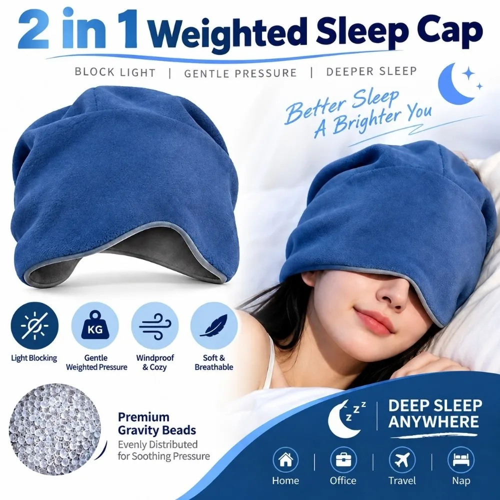 2 in 1 Weighted Sleep Cap Double Sided Micro Gravity Bead Blackout Sleep Cap Windproof Light Blocking Weighted Eye Mask Hat