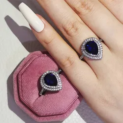New luxury RIng pear Blue zircon solid 925 sterling silver engagement ring for women lady anniversary gift jewelry bulk sell