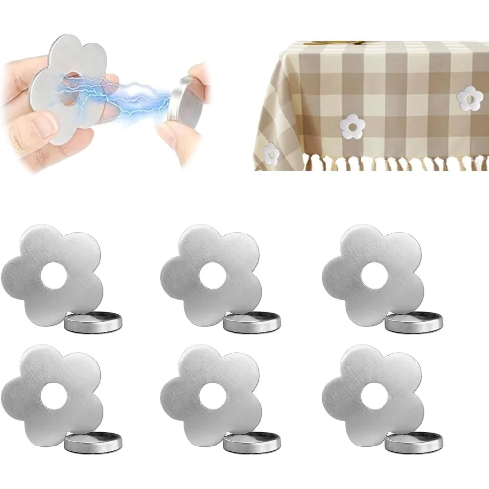 

6 pcs Magnetic Tablecloth Weights Metal Holders with Floral Design for Outdoor Use Table Cloth Stability Silver