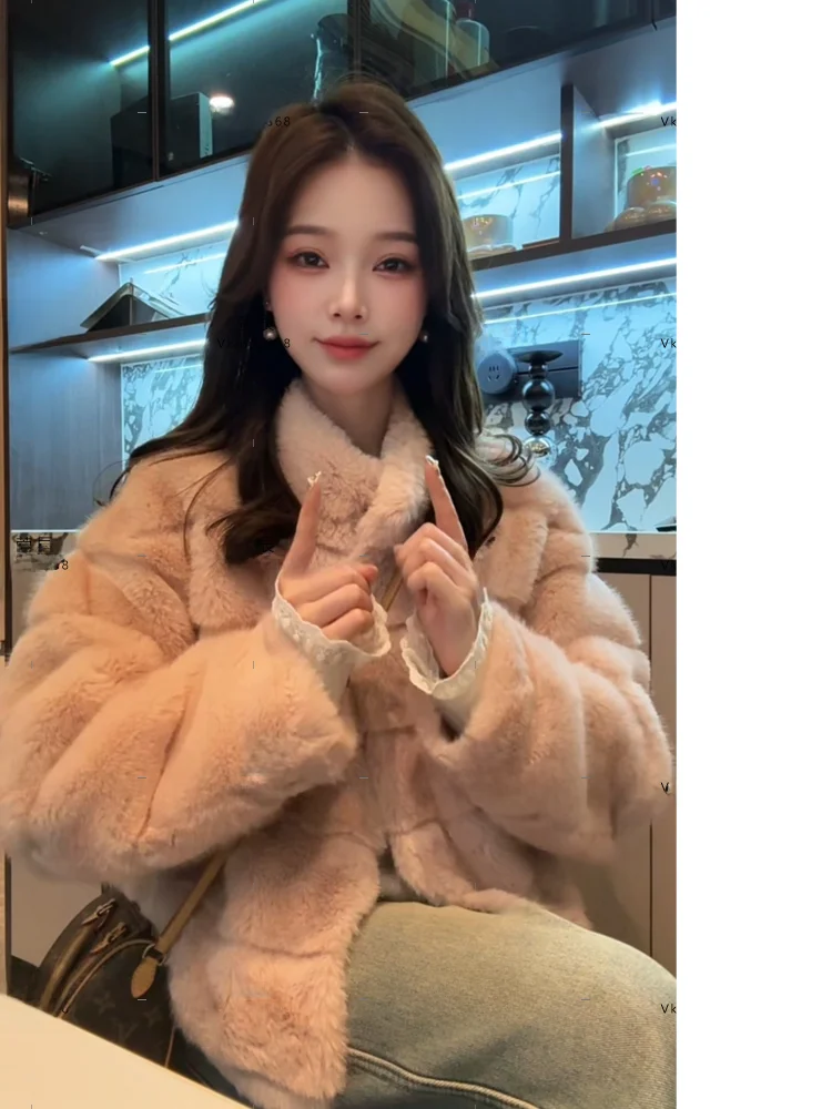 

Модная женская свободная зимняя куртка из искусственного меха, розовая, роскошная, пушистая, теплая, с прямым подолом, на молнии