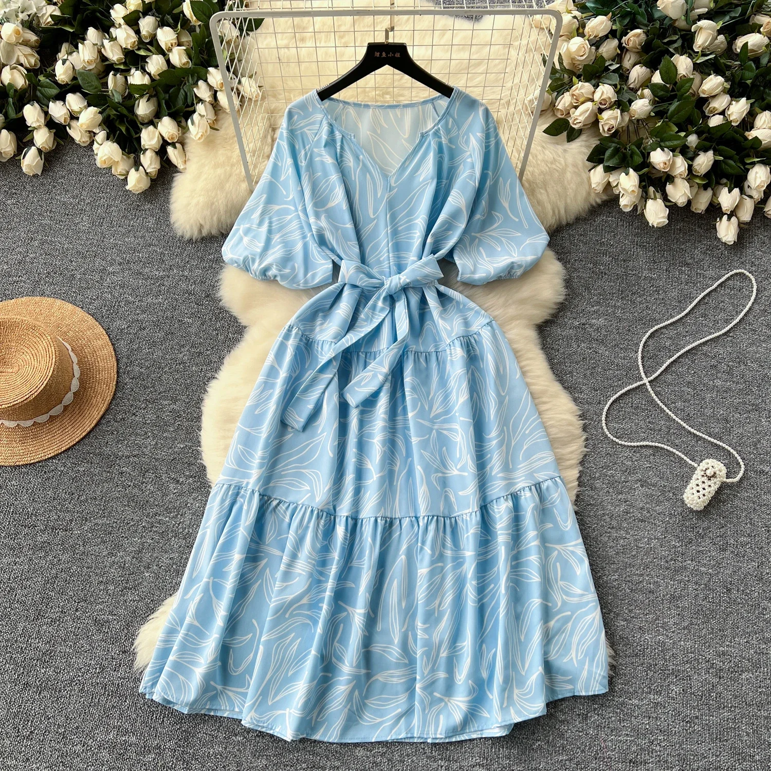 Summer Women Floral Printed Midi Dress Vintage V-Neck Short Sleeve High Waist A-Line Casual Vestidos Female 2023 New Fashion