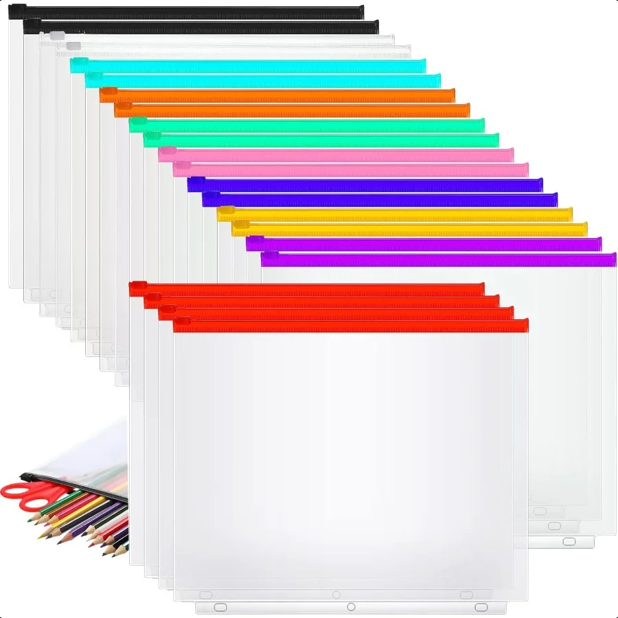 

40 Pieces Binder Pockets 3 Hole Zipper Pouch 3 Ring A4 Pockets with Zipper Binder Folders Plastic Pouches Loose Leaf Bags Water