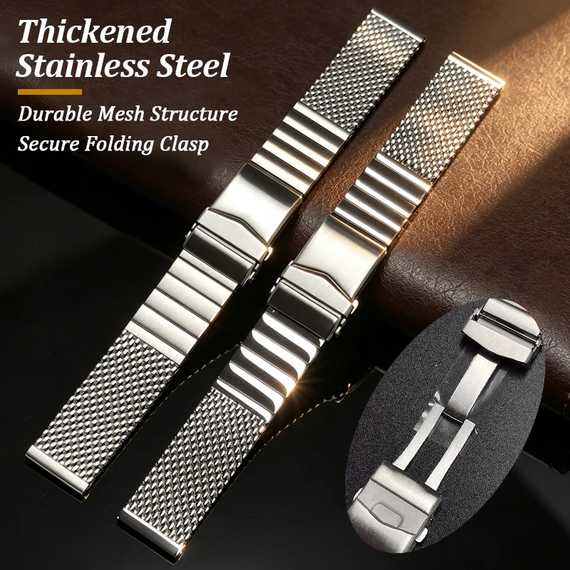 Luxury Solid Thickened Stainless Steel Mesh Watch Strap 20mm 22mm Polished Brushed Metal Watchband Premium Bracelet for Men