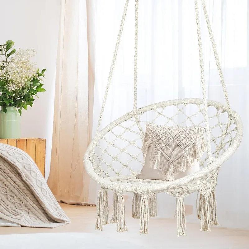 

Macrame Hammock Swing Chair, Handmade Knitted Hanging Swing Chair for Indoor,Outdoor, Bedroom, Balcony, Yard