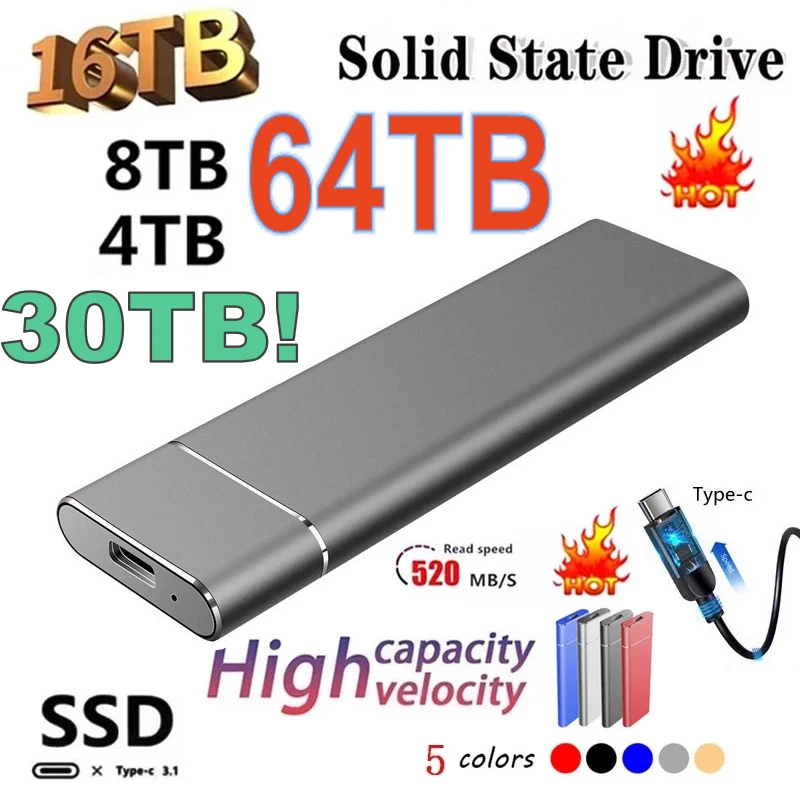 قرص صلب SSD خارجي محمول ، واجهة USB أو نوع C بسعة عالية ، سرعة عالية ، SSD صغير لأجهزة الكمبيوتر المحمولة ، سطح المكتب ، الهواتف ، 1 قاتنا