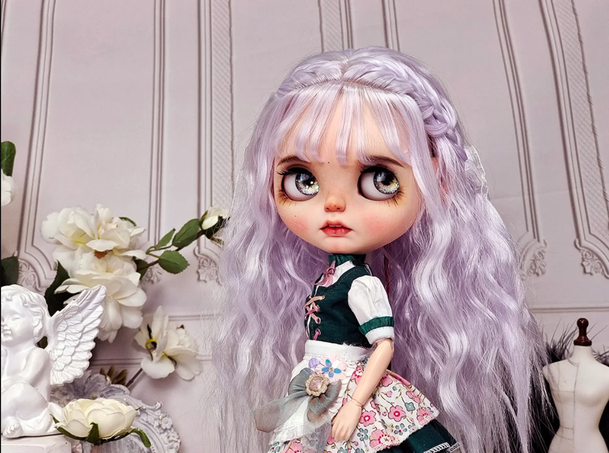 Blythes doll wig fits in 1/6 9-10size fashion new double braid big Wave high temperature silk wig romantic mix purple deep brown