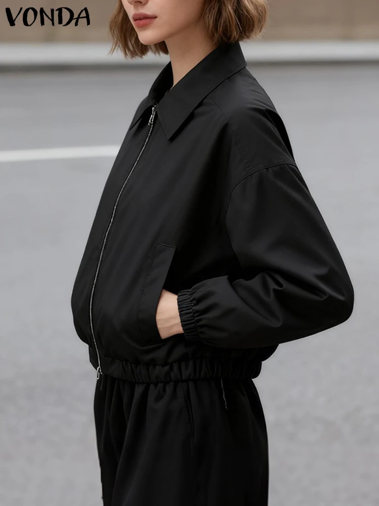 

VONDA модные женские элегантные куртки с карманами, осень 2024, однотонные пальто с длинными рукавами, офисная повседневная верхняя одежда на молнии High Street