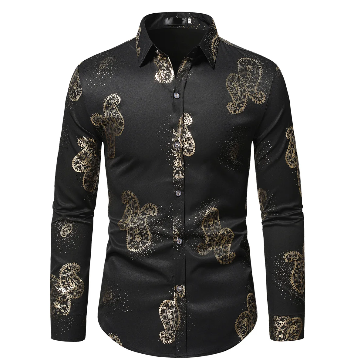 

Mens Luxury Paisley Black Shiny Print Shirts Stylish Long Sleeve Button Up Dress Shirt Men Party Wedding Tuxedo Chemise Homme