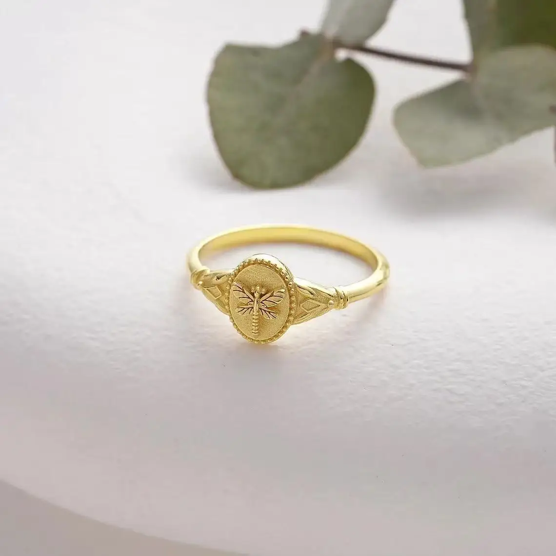 Vintage Minimalist 3D Dragonfly Ring, Gold Plated 925 Silver, delicate daily stacking ringChristmas Present for Women