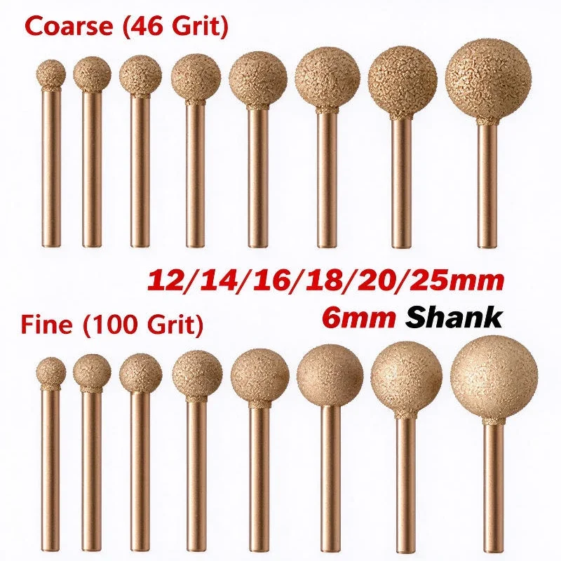 1PCS Sphere Brazed Diamond Grinding Head 6mm Shank Polishing Burr 6/8/10/12/14/16/18/20/25mm for Dremel Grinding and Carving