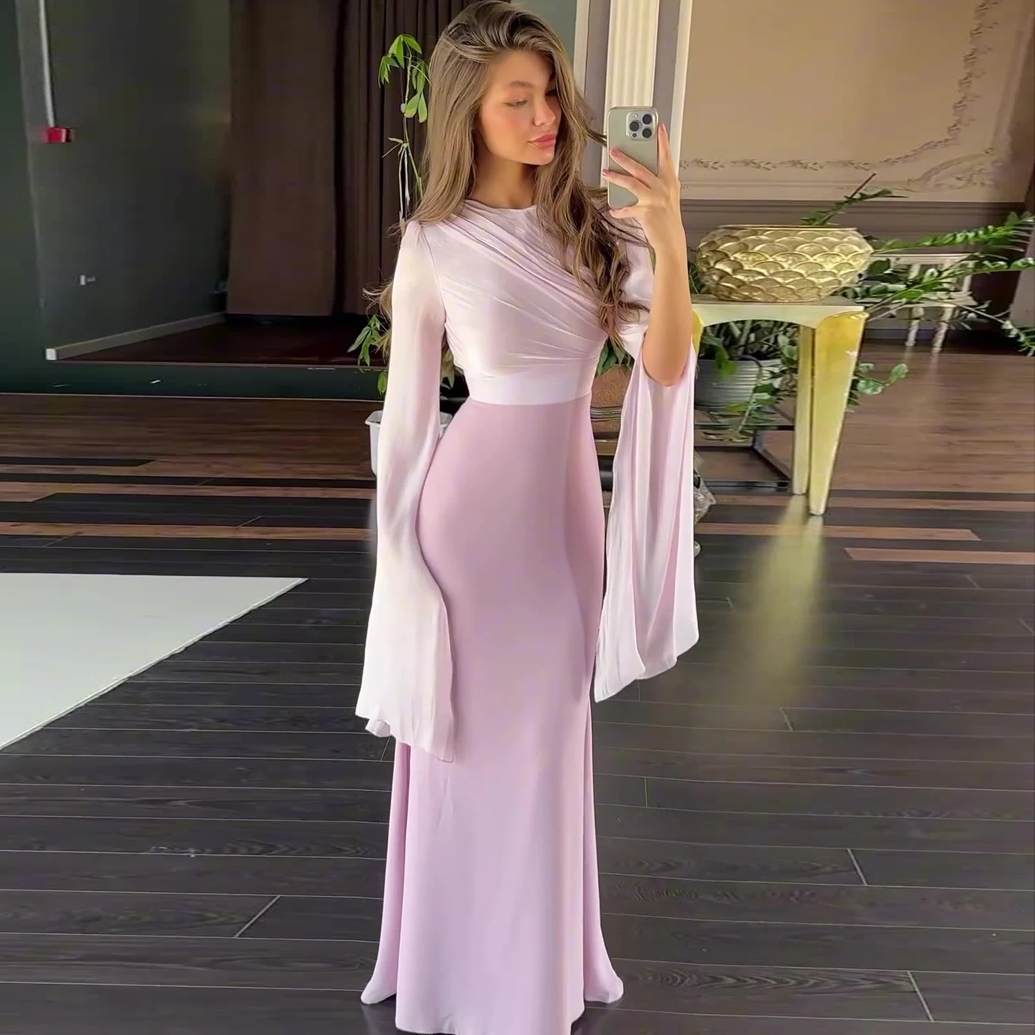 Women Elegant O Neck Swing Sleeve Slim Sheath Folds Mesh Long Dress Spring Summer Party Maxi Dresses