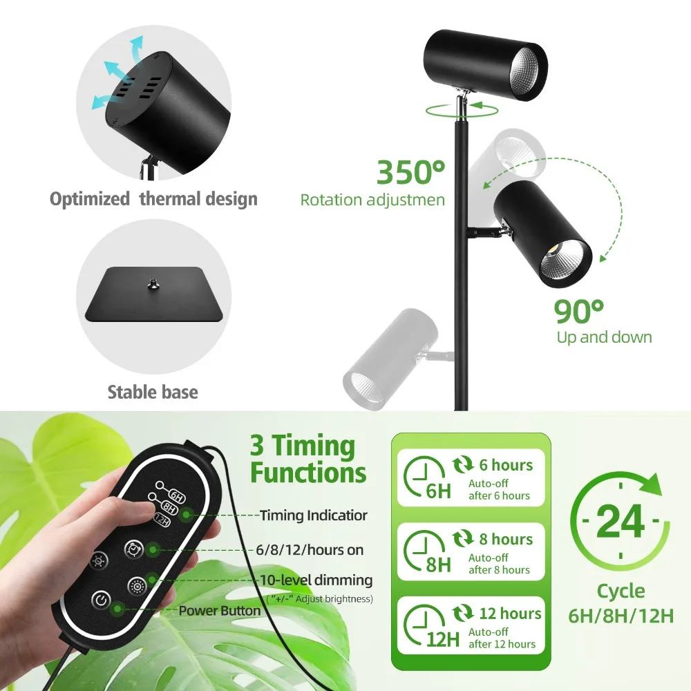 Full-Spectrum 90W Floor-Standing Multi-Head Plant Grow Light Aluminum with Timer Function Growth Light for Large Potted Plants