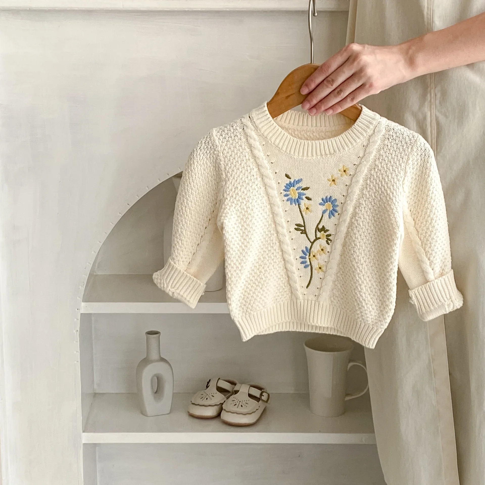 Baby Clothes Kids Cotton Sweater 2024 Autumn New Girls Long-sleeved Top Flower Embroidered Knitted Soft Comfortable Pullover