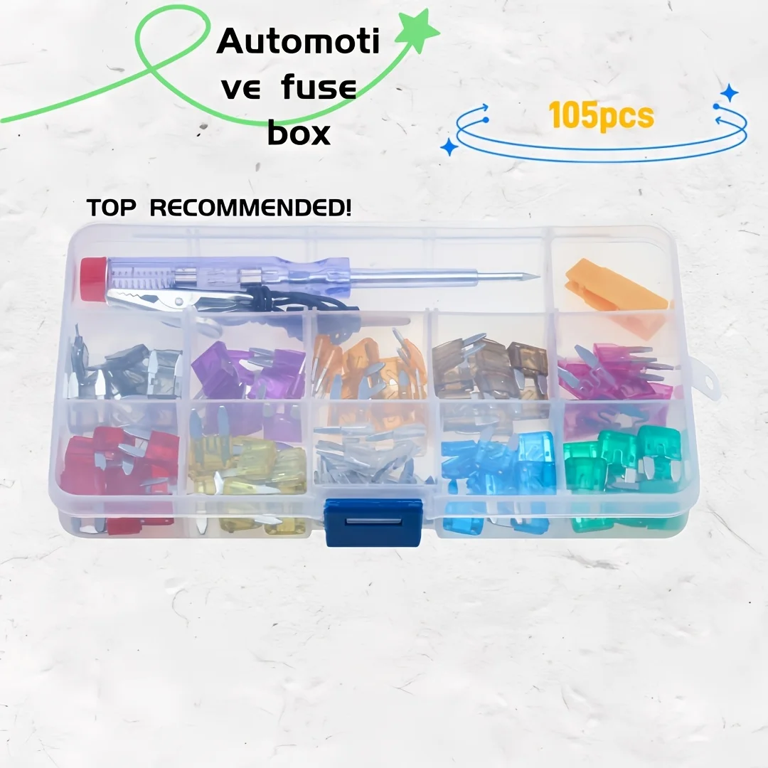 Car Fuse Set 105 Pieces, Mini Blade Type, Standard Type, for Small Cars, Safety Circuit Protection, Multi-Ampere Combination, with Test Pen and Extraction Clip