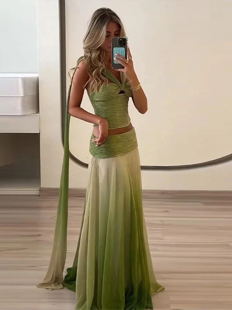 

Green Gradient 2 Piece Set for Women Sexy Sleeveless Cropped Top With Ribbon Panelled Long Skirt Summer 2025 New Lady Outfits