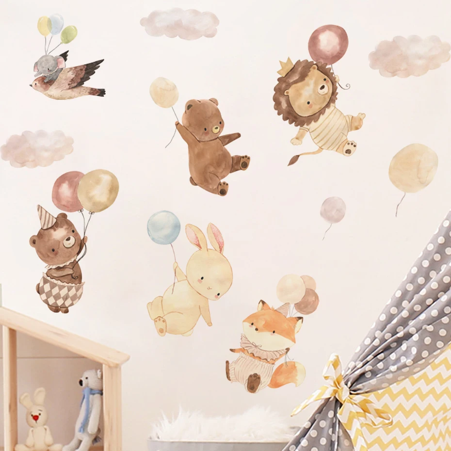 Cute Cartoon Animal Lion Fox Rabbit Balloon Nursery Wall Stickers for Kids Rooms Children Baby Room Decor Wall Decals Wallpaper