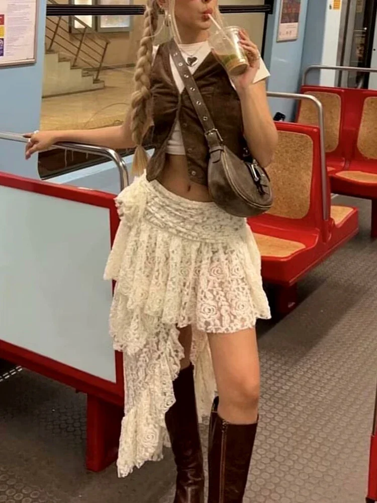 GypsyLady Lace Chic Asymmetrical Skirt Elegant Boho Beige Summer Women Long Skirts Mesh Sheer Sexy Ruffles Ladies Skirt Falda