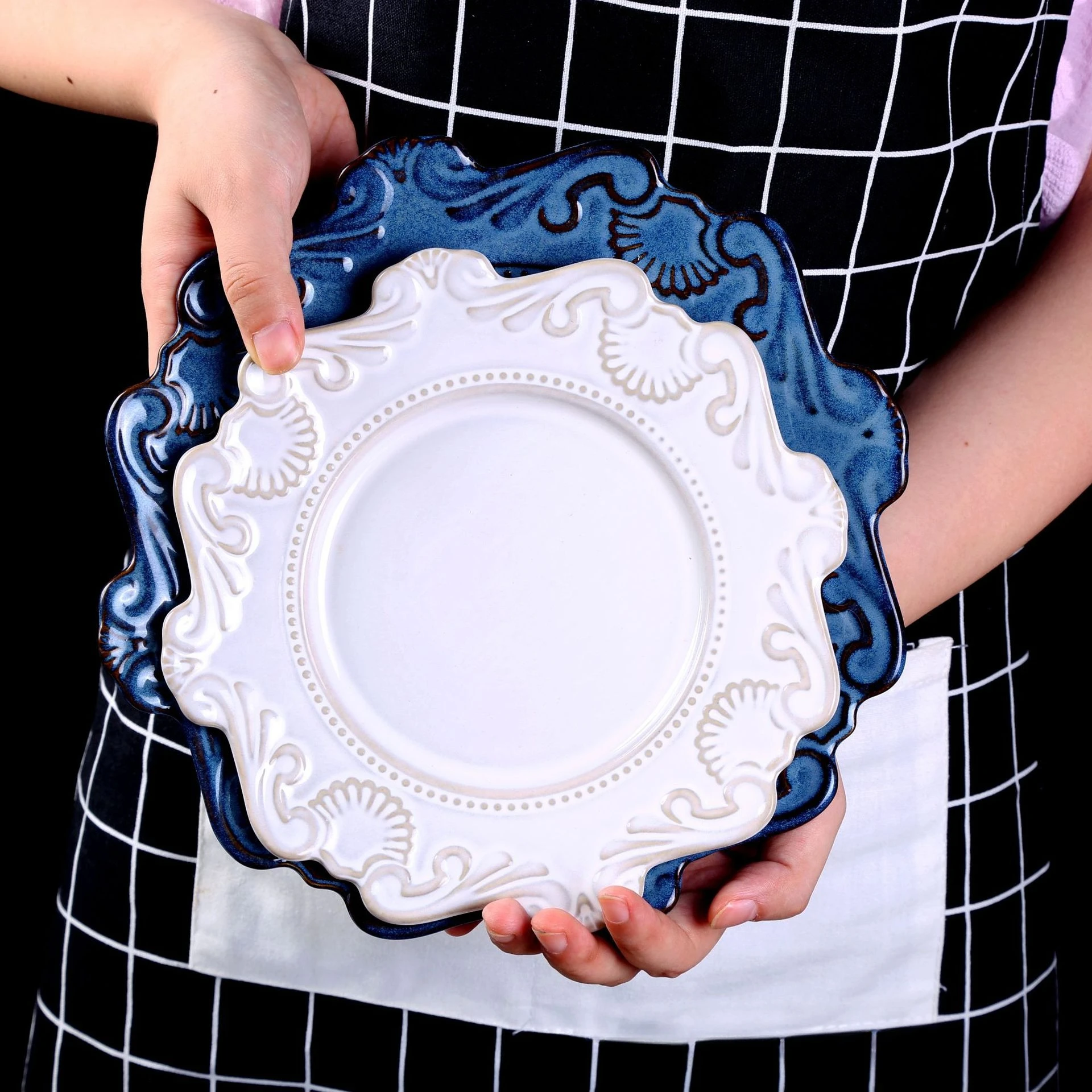 1PC European relief plate, household soup bowl, creative Dim sum plate, ceramic tableware