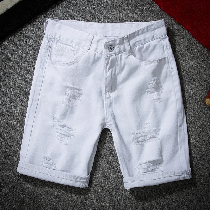 Męskie białe jeansowe szorty nowe letnie męskie z dziurami wygodne szorty jeansów męskie solidne bawełniane spodenki Slim Fit spodnie do kolan