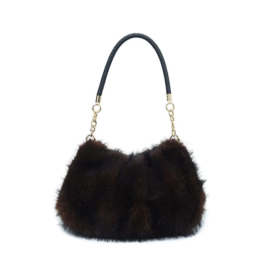 Large Capacity Fluffy Shoulder Bag Ruched Soft Texture Handbag. Cozy Design Luxury Style Furry Tote Party Night