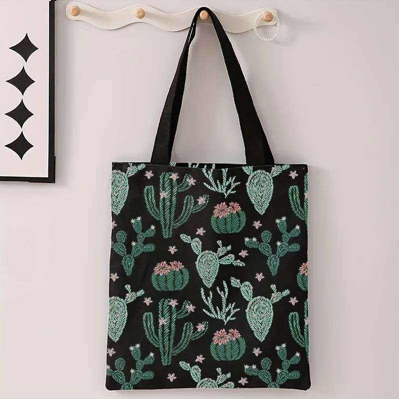 

1 шт. мужская повседневная сумка-тоут с вышивкой кактуса с двусторонним принтом, модная многоразовая универсальная сумка, сумка-шоппер с буквенным принтом