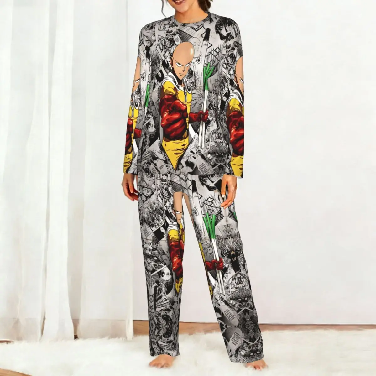 Anime One Punch Man Round Neck Long Sleeve Nightgowns for Sleeping Sleepshirts Women Loose Pajama Set Long Pants