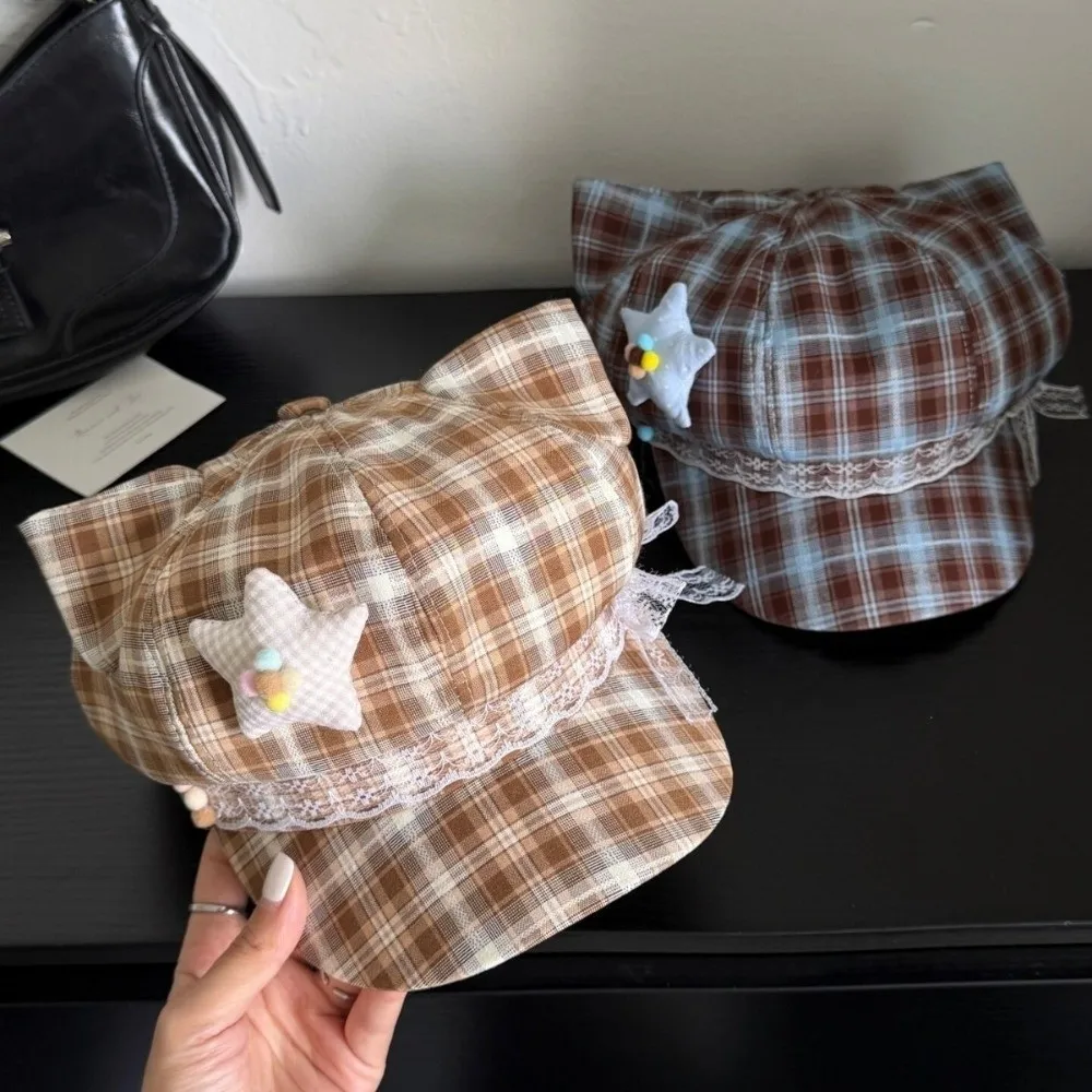Fashion Stars Lace Decor Plaid Octagonal Cap Face Slimming Sun Protection Newsboy Hat Y2K Artist Hat Spring Summer