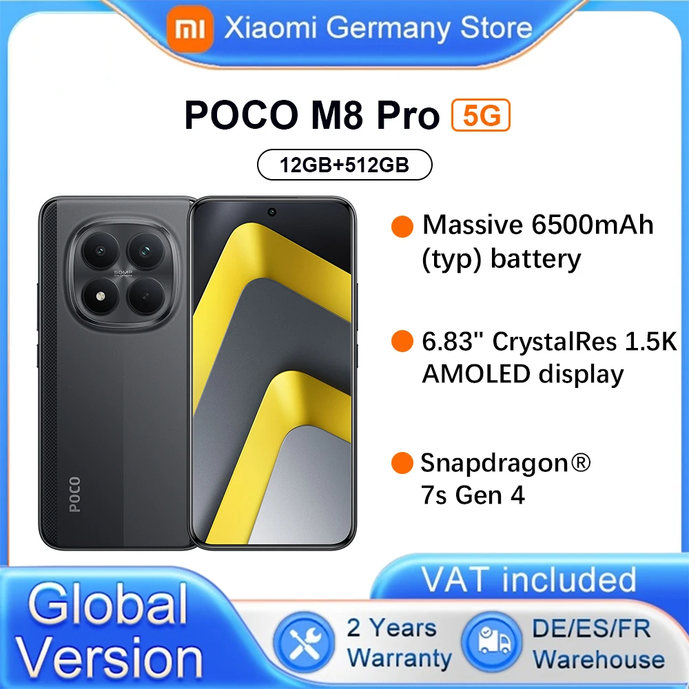 Version Globale du Smartphone POCO M8 Pro 5G, �cran 6.83'', Snapdragon �   7s Gen 4 6500mAh IP69K 50MP Cam�ra principale 100W HyperCharge Bluetooth 5.4 NFC xiaom