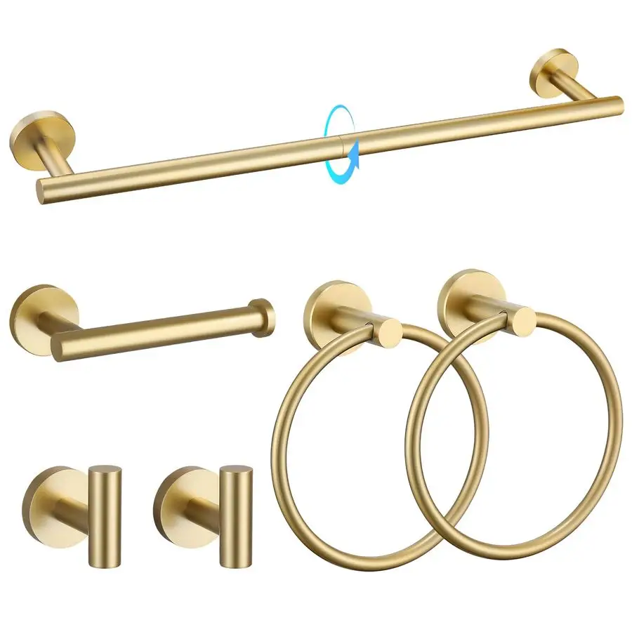 

Brushed Gold Bathroom Hardware Set 6Piece Bathroom Accessory Set 23.6 Inch Round Stainless Steel Towel Bar Set Wall Mounted
