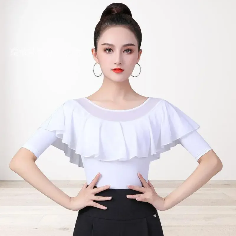 Women waltz white top Ruffled Latin Dance Mid-Sleeve Shirt New modern dance practice clothes Lady Samba dance clothing