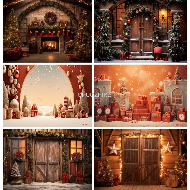 Christmas Day Fireplace Photography Backdrops Prop Window Living Room Interior Village House Theme Background DR-05