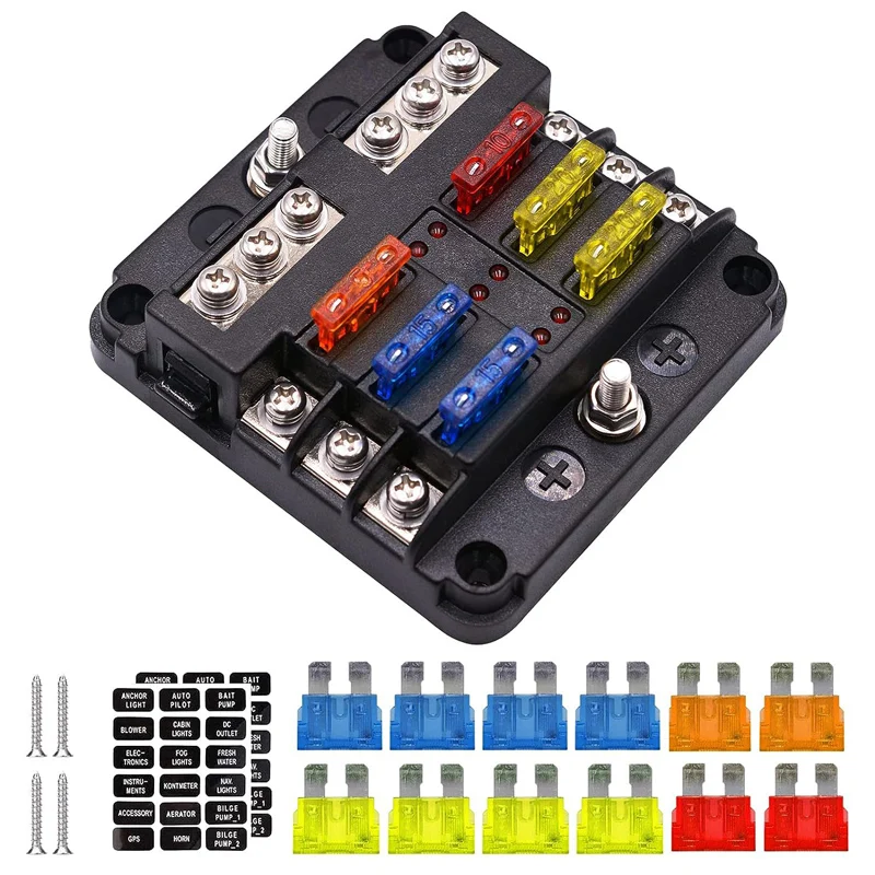 12V Fuse Block 6 Way with LED Indicator Light 12 Volt Fuse Box ATO/ATC Marine Fuse Panel Waterproof 24V for Automotive Boat Car