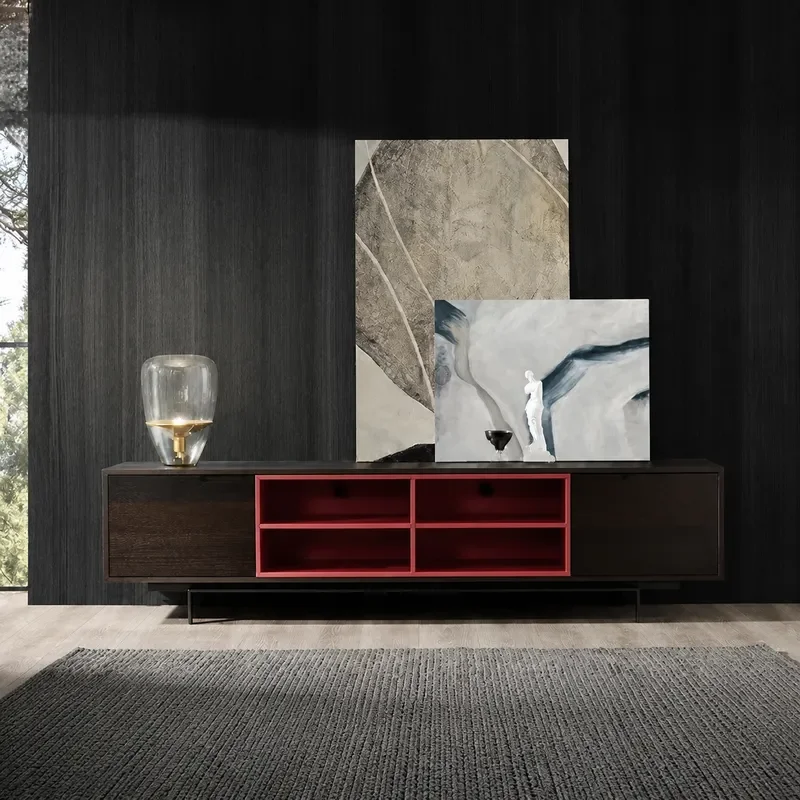 Modern Living Room TV Cabinet Minimalist Light Luxury Floor Stand Black Oak Smoked Wood Media Console with Storage Grids for