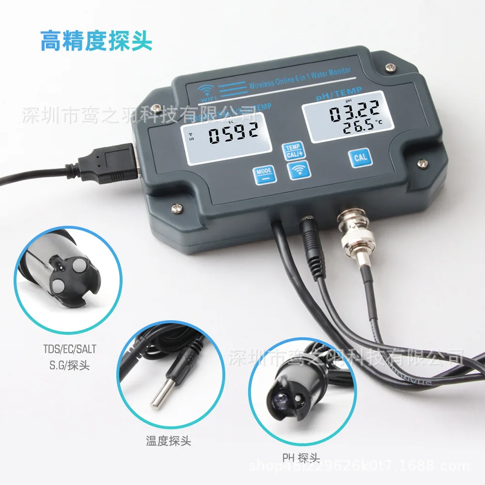 Detector de Calidad del Agua WiFi Tuya PH-3988, Medidor de PH/EC/TDS/SAL, Detector de Salinidad para Agua de Mar y Piscinas