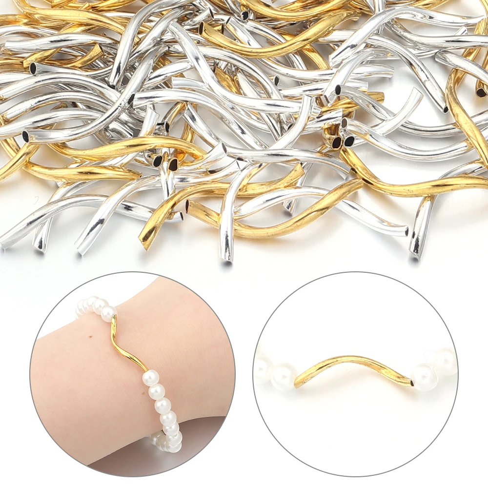 50pcs 2x25mm Brass Curved Tube Spacer Beads Gold Silver Metal Connector Beads For DIY Bracelet Necklace Jewelry Making Findings