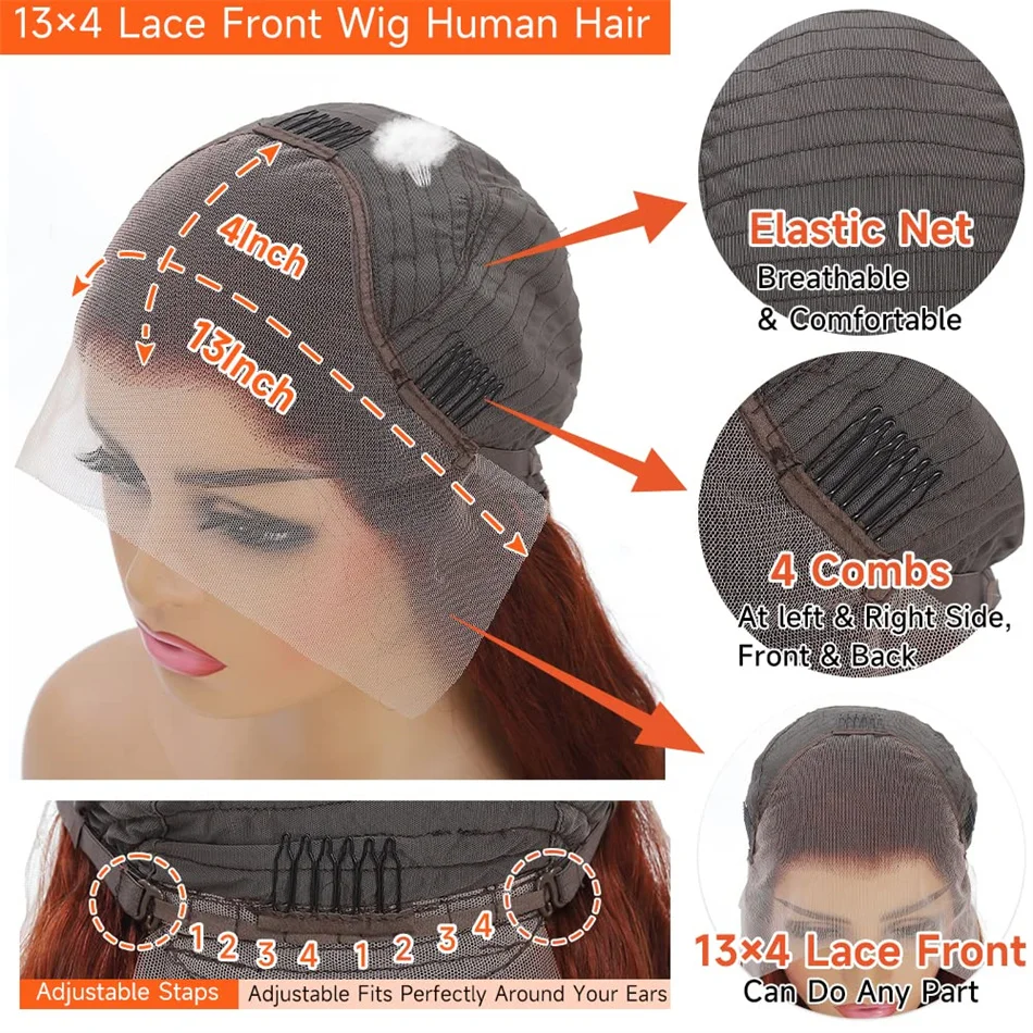 Perucas de cabelo humano frontal de renda para mulheres, pré-arrancadas, onda de água, marrom avermelhado, onda corporal, 13x6, 30 polegadas, 32 polegadas, 13x4, 180%