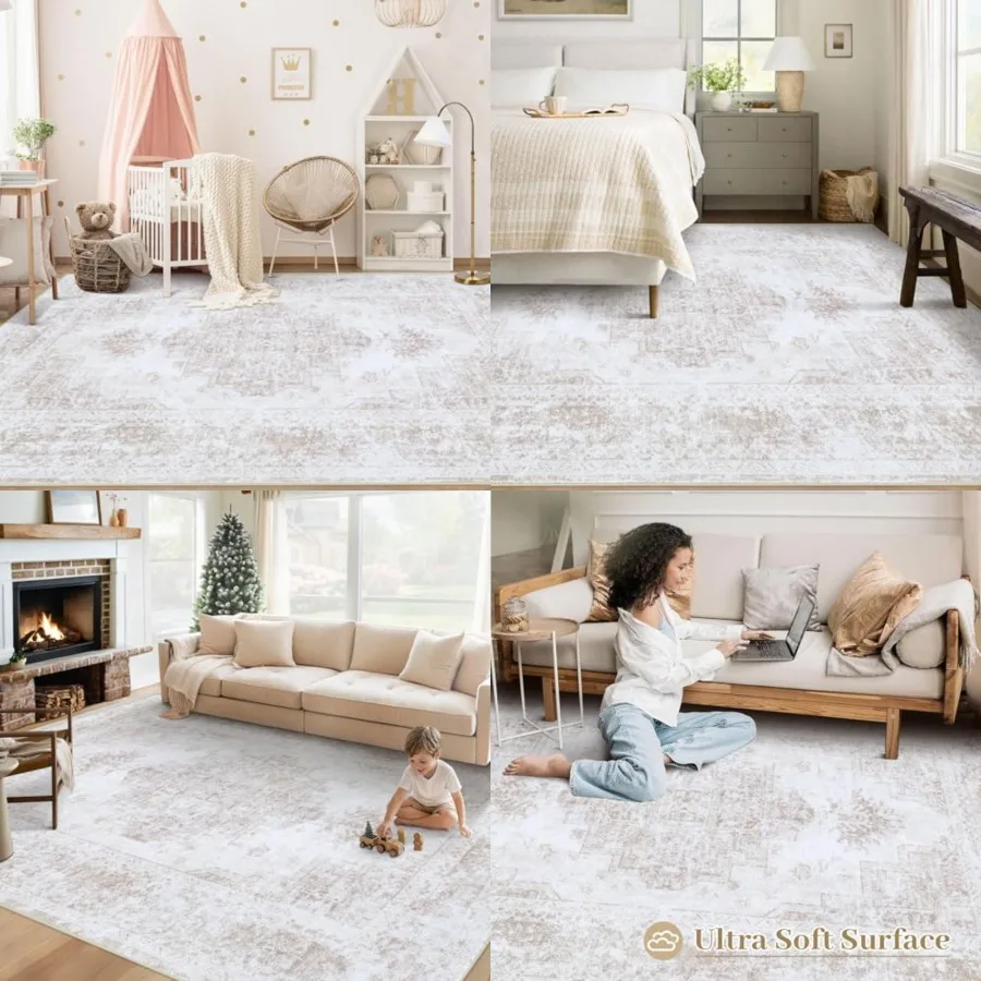 

Area Rug 6x9 Living Room Rug, Machine Washable Vintage Distressed Medallion Rug Non-Slip Soft Low Pile Large Indoor Rugs for Be