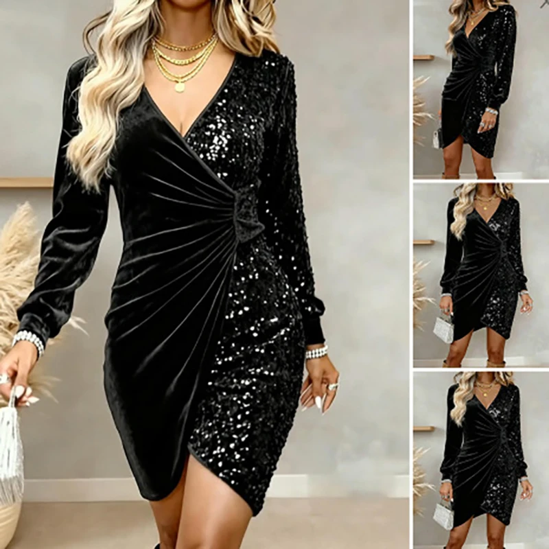 فستان نسائي قصير عالي الخصر سادة كاجوال بأكمام طويلة نحيف لامع فستان قصير مثير برقبة على شكل حرف v ثنيات تصميم فستان حفلات النادي #2