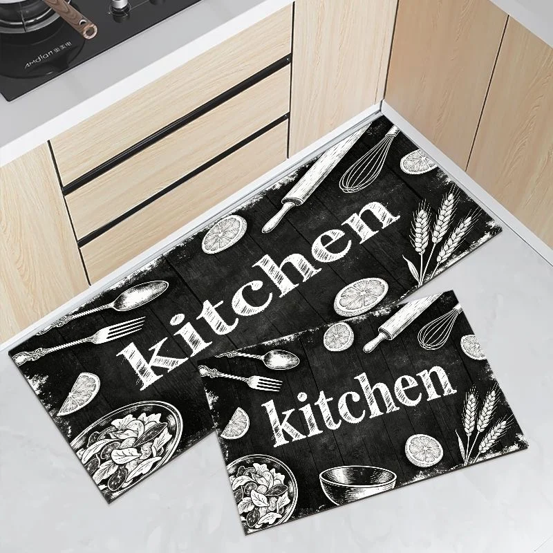 Black White Vintage Wooden Kitchenware Mat Set Waterproof Non Slip Runner Rug Easy Clean Farmhouse Kitchen Floor Decor Rug