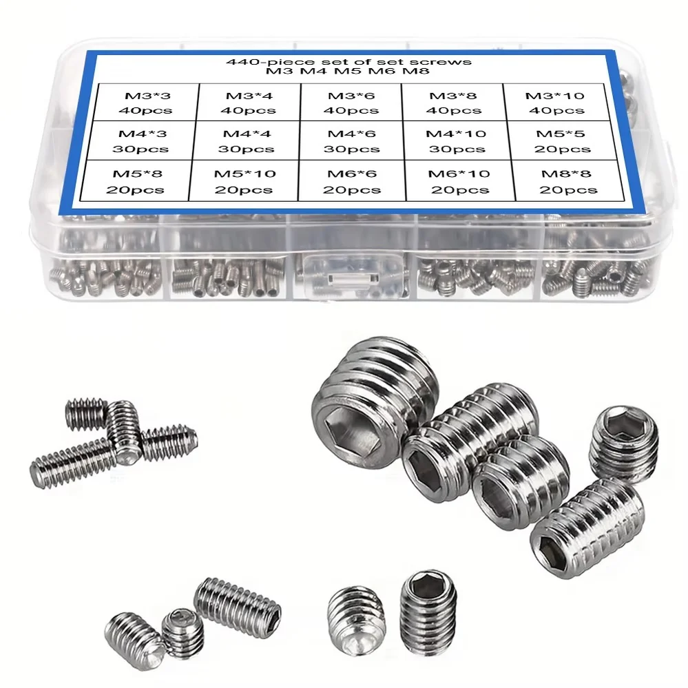 XLGYLPRO 440-Piece Set of Set Screws M3 M4 M5 M6 M8 - for Furniture Cabinet Handles, Concealed Fasteners, Automotive Electronics
