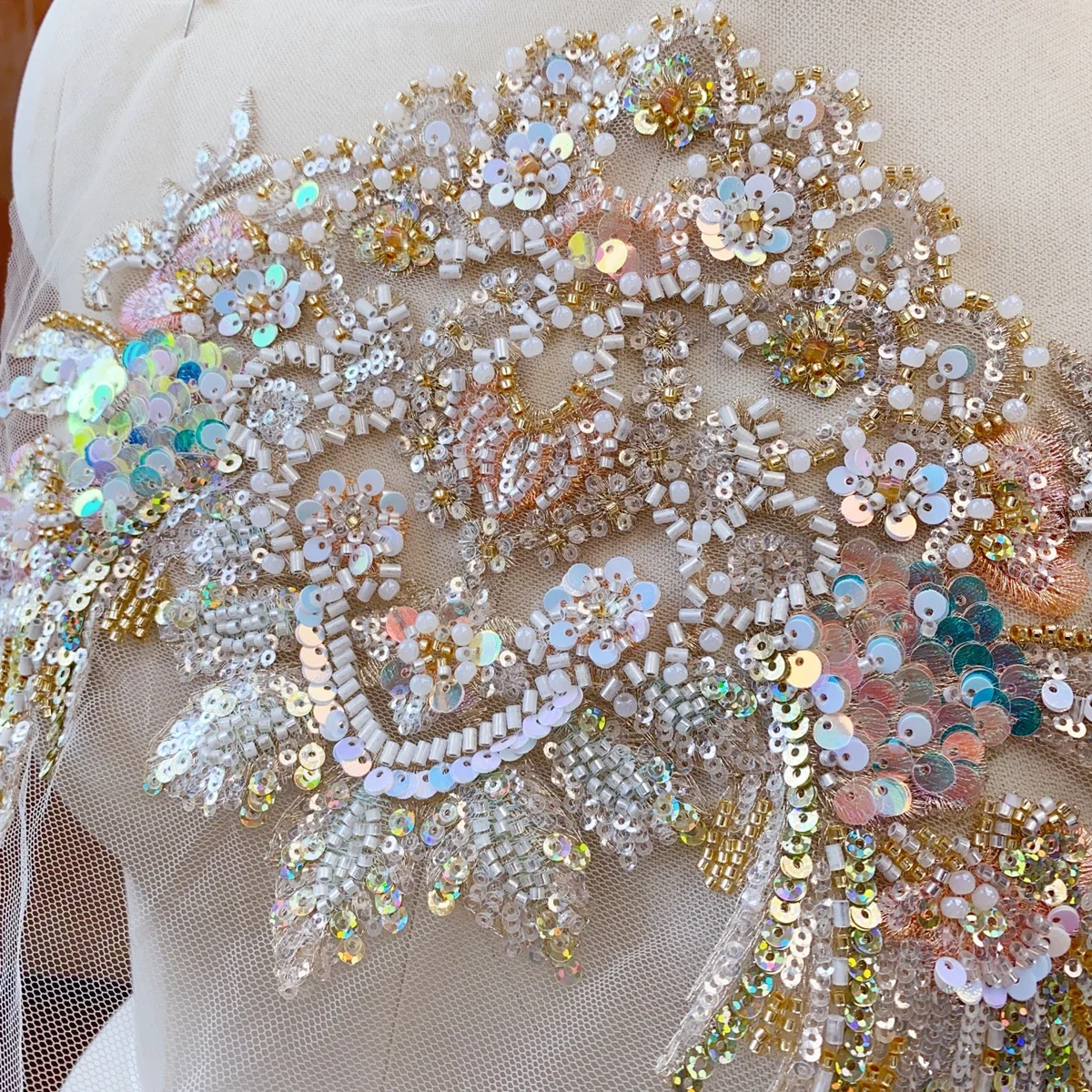 Vestido de novia de encaje bordado con cuentas de lentejuelas y escamas de pescado dorado champán, vestido de noche, disfraz de escenario, accesorios de costura DIY